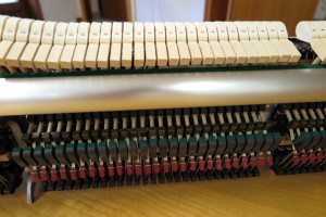 Pogled na mehaniku pijanina s dijelovima od napredne kompozitne mase (karbon). Ovakva mehanika je izdržljivija od drvene i otporna je na promjene temperature i loših omjera vlage u zraku, osim u slučaju kontaminacije filca ili oksidacije osovine